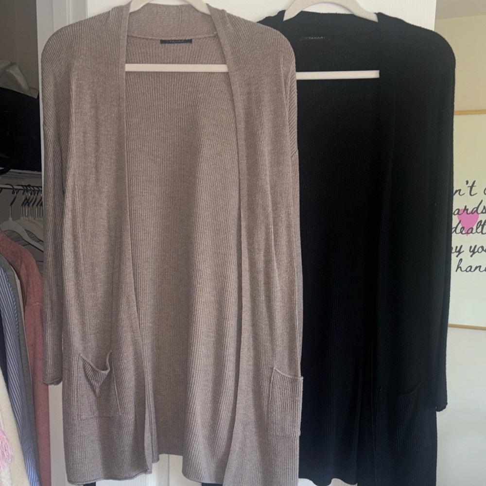 Tahari Black and Tan Cardigan Sweaters Soft Knit Open-Front